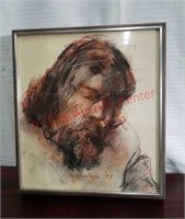 Conte crayon signed framed portrait - 12" x 14"