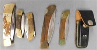 5 single blade lock pocket knives w/ brass tips,