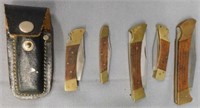 5 single blade locking pocket knives w/ brass tips