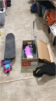Nike back brace, skateboard, plastic bat