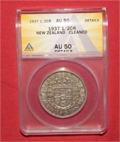 1937 Half Silver Crown - New Zealand  AU50  ANACS