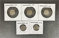 Five Various Date Buffalo Nickels