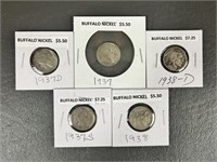 Five Various Date Buffalo Nickels