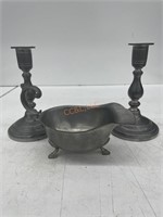 Vintage Pewter Gravy Boat and Candle Holders