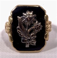 10K gold ring, 4g, onyx with flowers, size 6.25