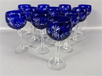 Eleven Cobalt Blue Cut to Clear Crystal Glasses