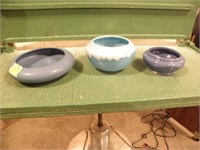 3 BLUE EARLY ART POTTERY DISHES
