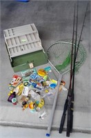 T - FISHING POLES, NET, TACKLE BOX W/ CONTENTS