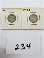 2 Roosevelt silver dimes 1947 1947D