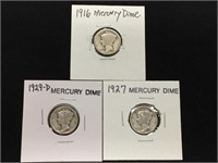 1916, 1927 & 1929D Mercury Dimes