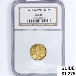 1922 10F .09oz Switzerland Gold NGC MS66