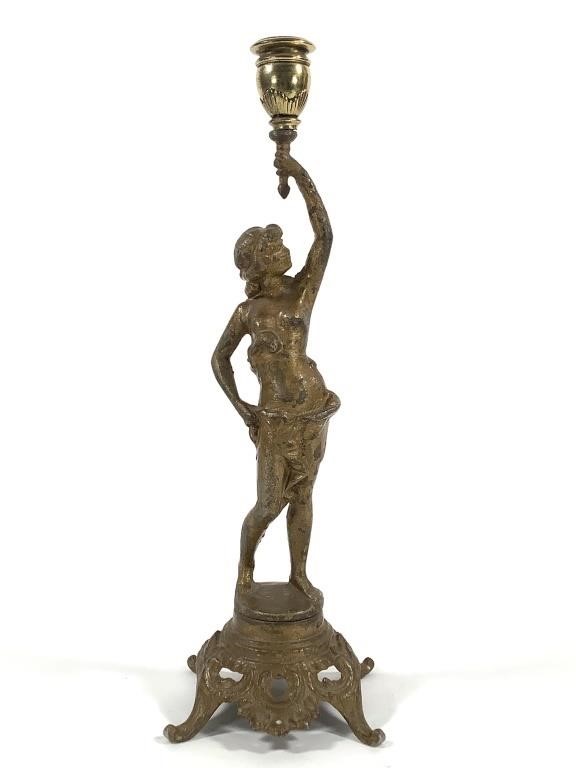 Cast Iron Candle Holder Draped Female Figure 15"