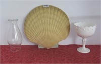Seashell wall Decor, Oil Lamp Shade, & White Dish