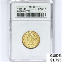 1901 $5 Gold Half Eagle ANACS MS60 BREEN-6778