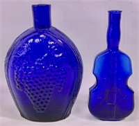 Blue violin bottle - 7.5" tall / Blue glass flask