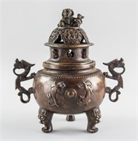 Chinese Bronze Dragon and Lion Censer Xuande Mark