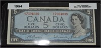 1954 CAD $5.00 Banknote