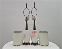 2 Walnut Ceramic Table Lamps + Fibreglass Shades