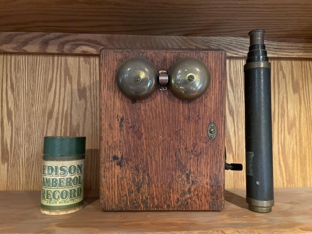 Antique Phone, Spyglass and Edison Record