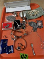 Tray Lot. Sterling Silver, Costume Jewelry,