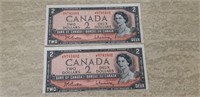 Two Consecutive Misaligned Two Dollar bills 1954