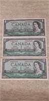 Lot of 3 1954 One Dollar Bills vg