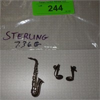 STERLING SAXAPHONE PIN & MUSIC NOTE EARRINGS 7.36G