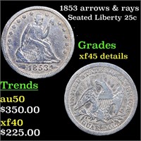 1853 arrows & rays Seated Liberty Quarter 25c Grad