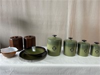 Vintage Cannisters, Pyrex Bowl, Stone Plate & Bowl