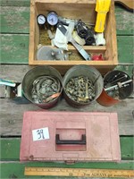 Platic tool box, hose clamps, trailer wire plug .