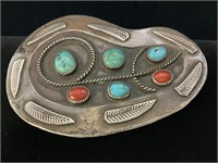 Sterling Turquoise & Coral Belt Buckle 102gr TW