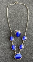 Vintage 925 Silver Blue Cat Eye Stone Necklace Set