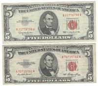 1953 & 1963 Red Seal Legal Tender $5 U.S. Notes