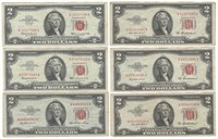 (6) $2 Red Seal Legal Tender U.S. Notes