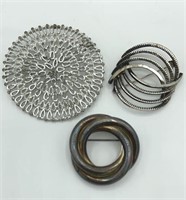 Lot of 3 Round Sliver Tone Textured Brooches