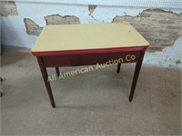 ANTIQUE ENAMEL TOP TABLE WITH DRAWER