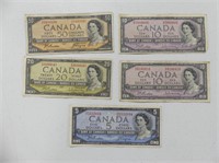 FIVE 1954 BANK OF CANADA BANK NOTES