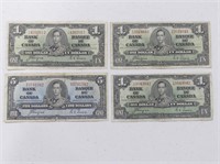 FOUR 1937 $5, $1 BANK OF CANADA BANK NOTES
