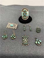 Silver & Turquoise Jewelry; Ring, Earrings, Pin,