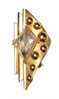 18K Gold Modernist Brooch with Rutilated Quartz