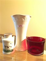 Ceramic Vase, Red Essenza Bowl and Ceramic Cow Jug