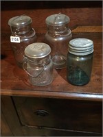 4 vintage glass jars some with zinc lids