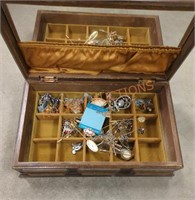 Wooden jewelry box and contents