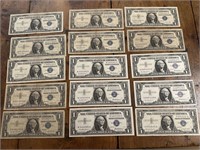 15 Blue Seal one dollar silver certificates