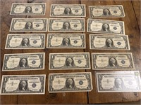 15 one dollar blue seal silver certificates