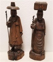 Carved Wood Asian Couple Statues Approx 16" Tall