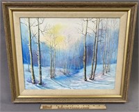 Signed Winter Forest Landscape Oil Painting