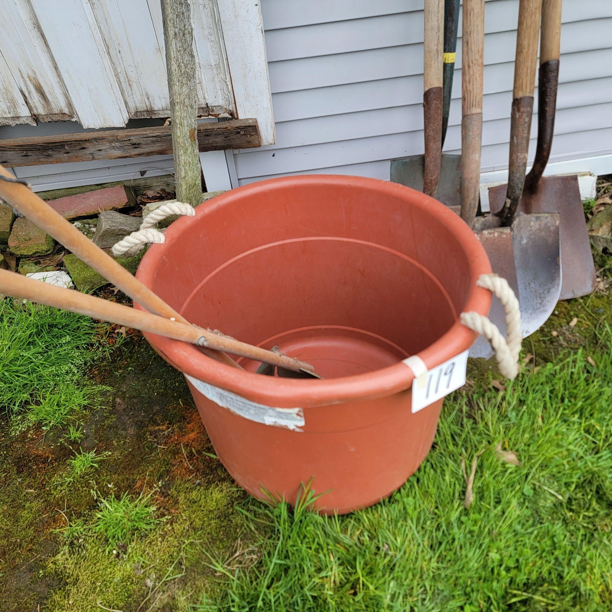 Red Keg Bucket with Pooper Scooper and Shovels