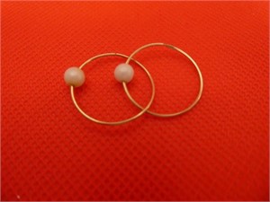 10 K Yellow Gold Faux Pearl 1" Hoop Earrings