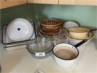 ENAMEL WARE, GLASS BOWLS